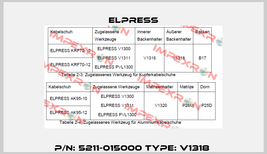 P/N: 5211-015000 Type: V1318  Elpress